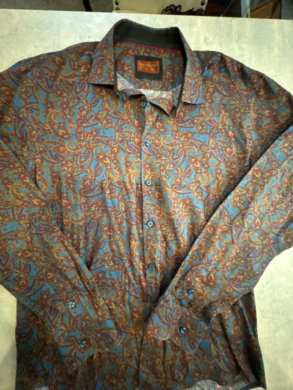 Consequence Men's Paisley Print Button-Up Shirt Size XL Teal Blue